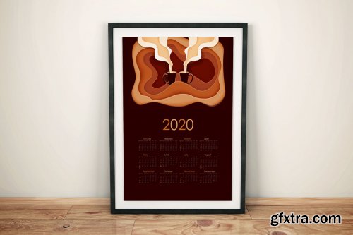 Paper cut calendar with coffee illustration for 2020 year. 2020 year,