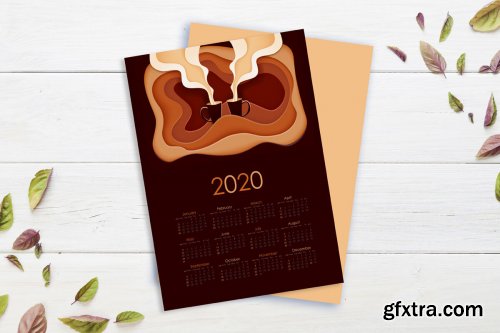 Paper cut calendar with coffee illustration for 2020 year. 2020 year,