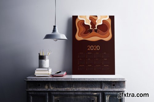 Paper cut calendar with coffee illustration for 2020 year. 2020 year,