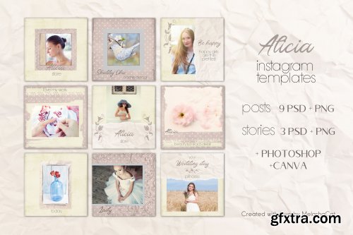 Alicia Instagram Templates - 9 posts and 3 stories. PSD + PNG