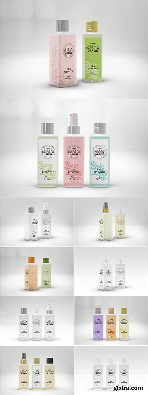 Clear 50ml Square PET Bottles Packaging Mockup