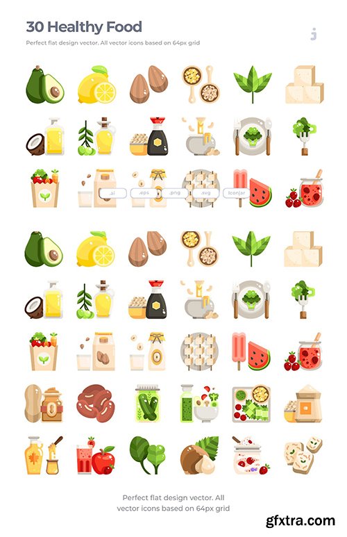 30 Healthy food and Vegan Icons - Flat