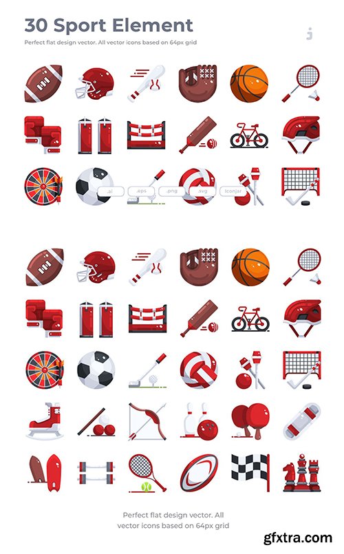 30 Sport Element Icons - Flat