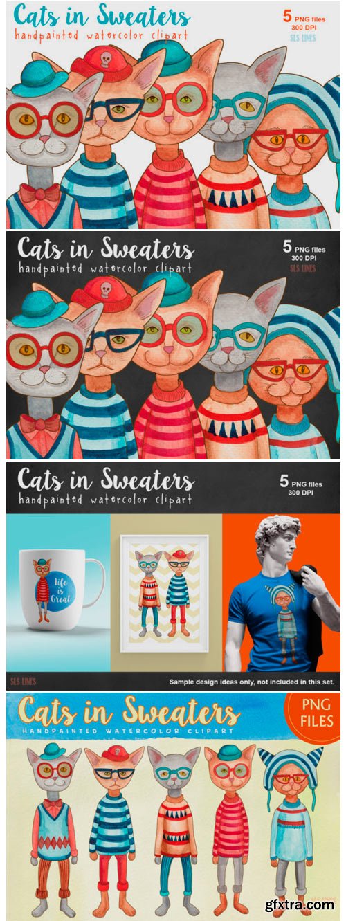Cats in Sweaters Watercolor Clipart Set 1686912