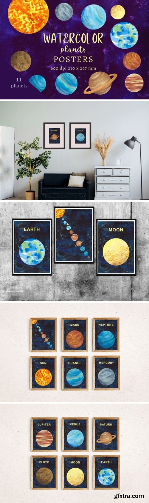 Watercolour decor, Watercolour wall art, Planets prints, Planets posters