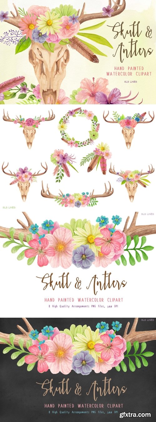 Skull & Deer Antlers Watercolor Clipart Set