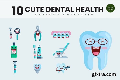 10 Cute Dental Health Vector Illustration