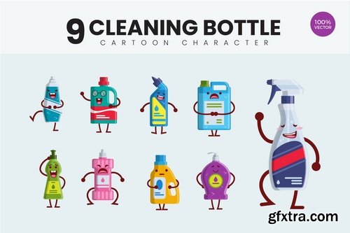 9 Cute Cleaning Bottle Vector Illustration