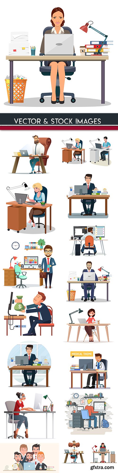 Business office people behind their workplace illustration