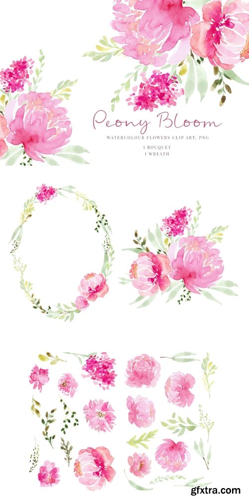 Watercolour Clipart Pink Flowers Peonies And Greenery Gfxtra 