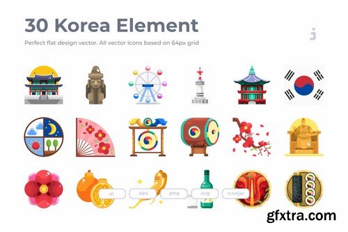 30 Korea Element Icons - Flat