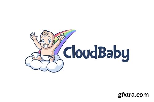 Cartoon Cute Baby On Cloud and Rainbow