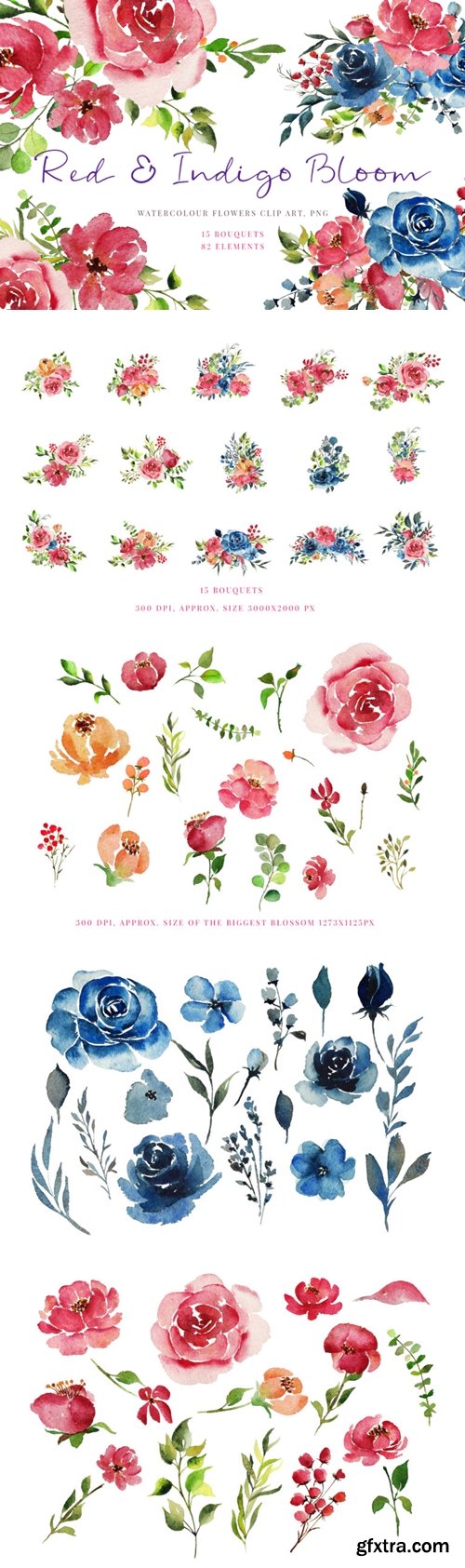 Watercolour clipart, Red Indigo flowers, greenery,