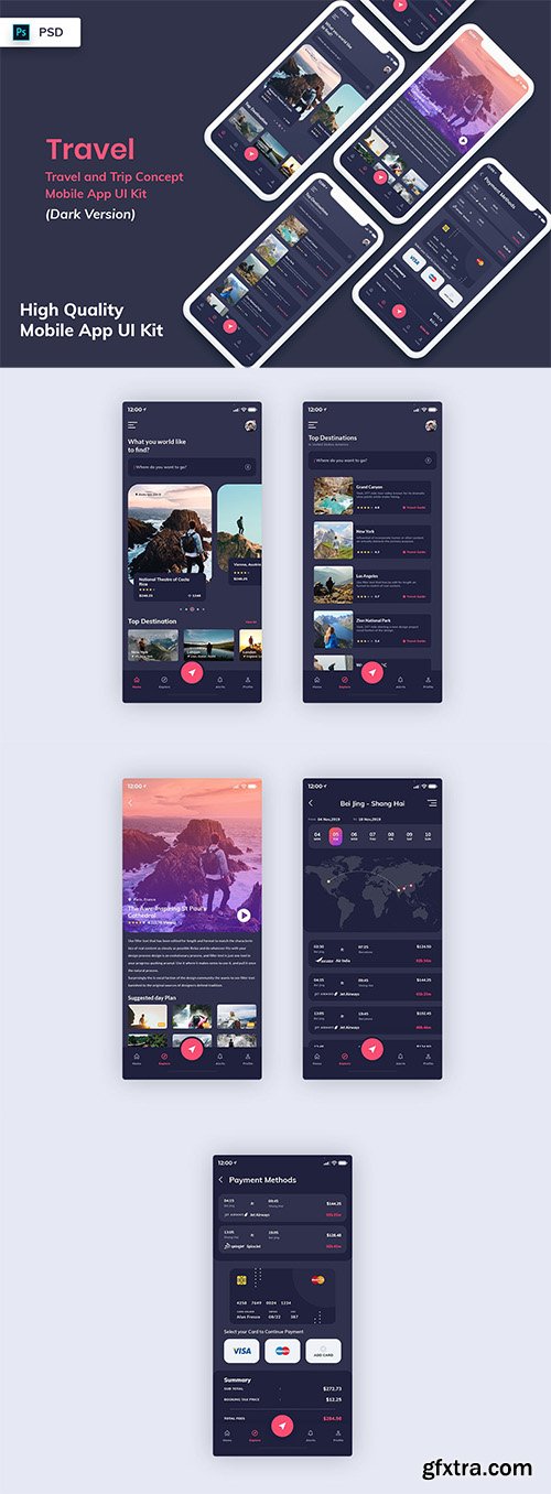 Travel Mobile App UI Kit Dark Version