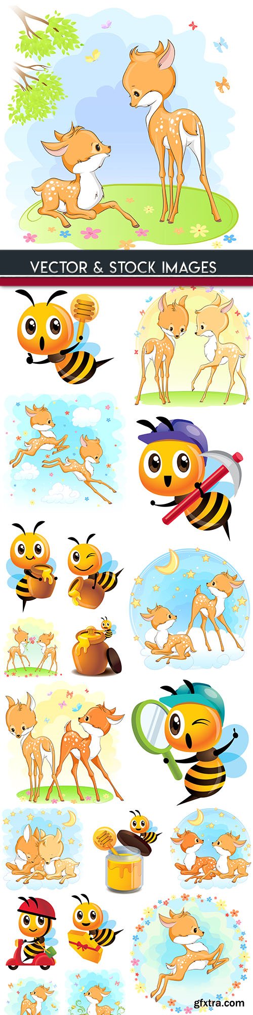 Amusing deer and bee cartoon illustration design 