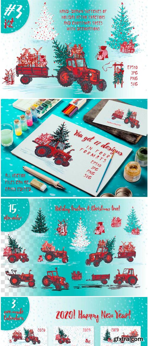 Set of Hand Drawn Christmas Tractors 1736676