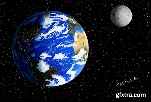 How to Draw the Earth and the Moon - Spacescape Painting