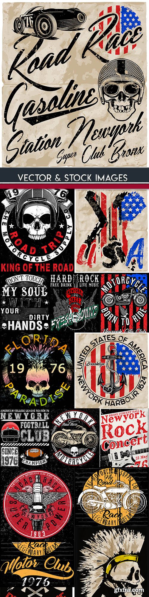 Grunge Skull & Motorcycle Design T-Shirt Templates 14xEPS Grunge Skull & Motorcycle Design T-Shirt Templates 14xEPS