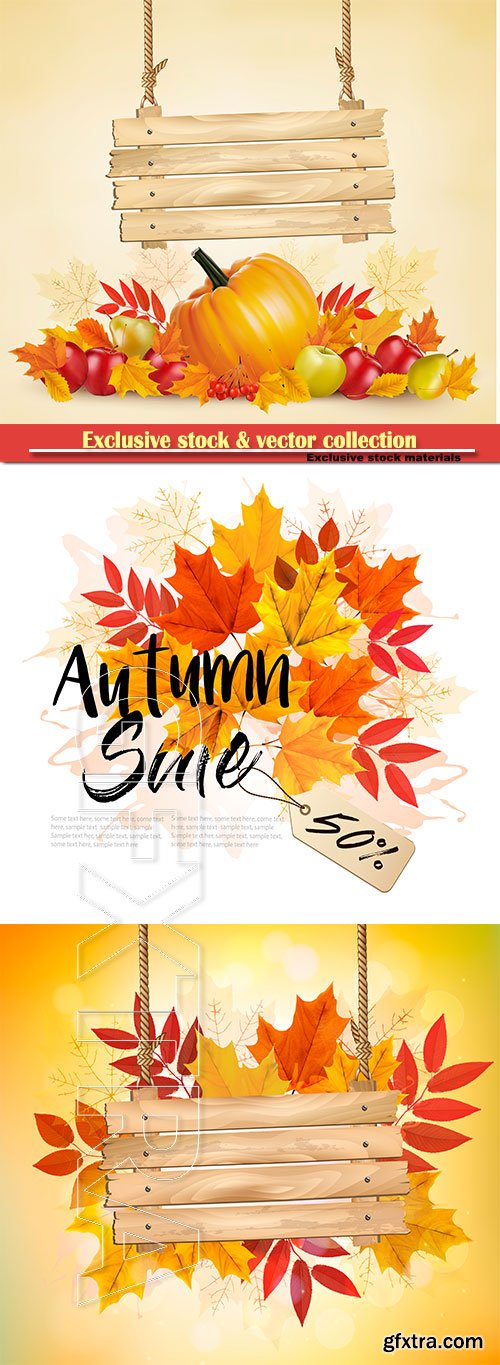 Autumn background with leave and vegetable and wooden sign