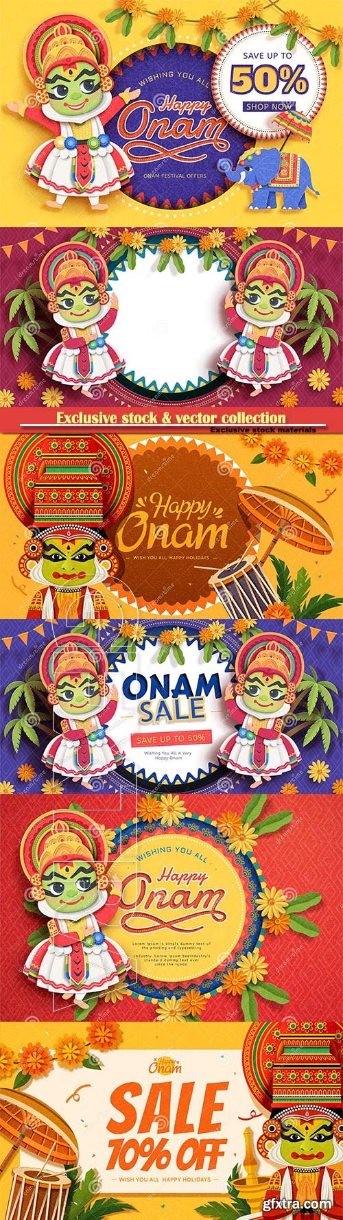 Happy Onam festival sale design with cute Kathakali dancer