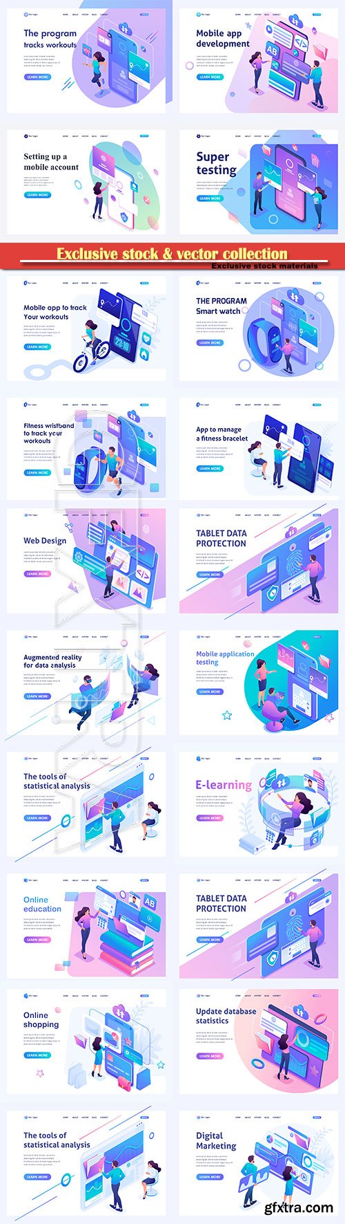 Set isometric landing pages, concept mobile application testing