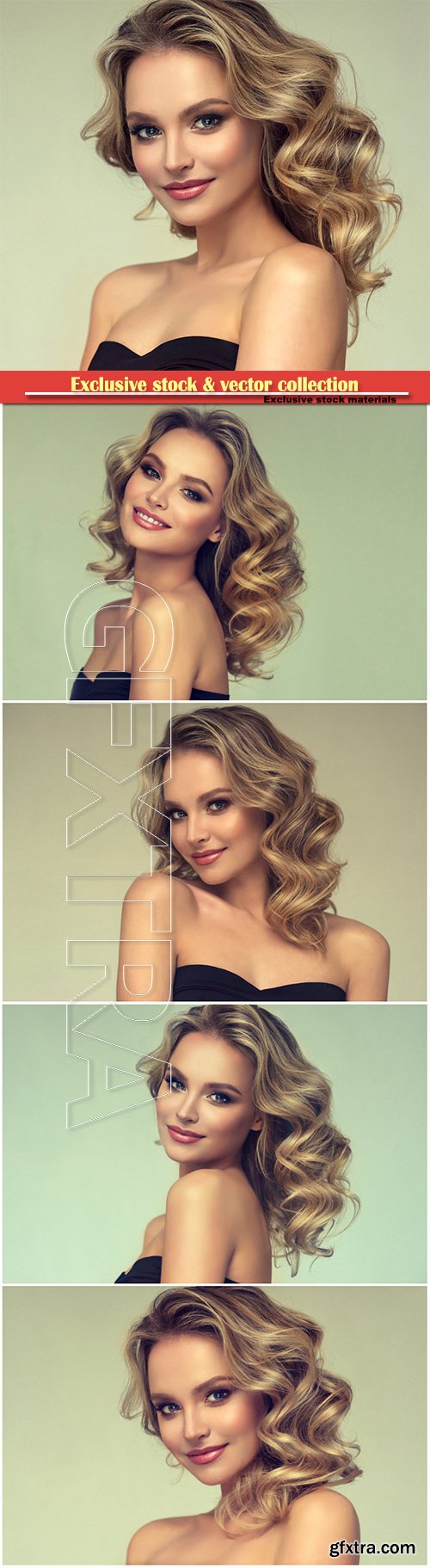 Pretty blond-haired model with middle length curly, loose hairstyle and attractive makeup