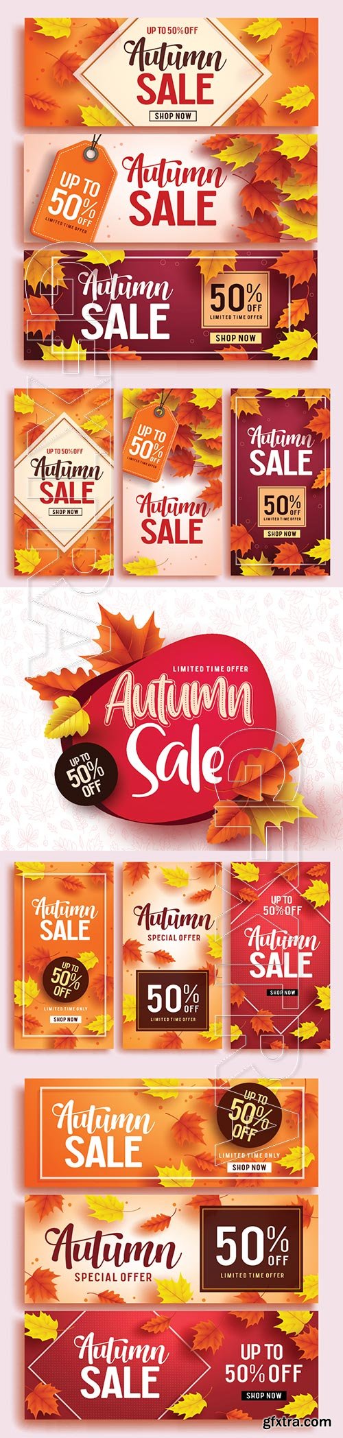 Autumn sale vector banner set template with colorful maple leaves background