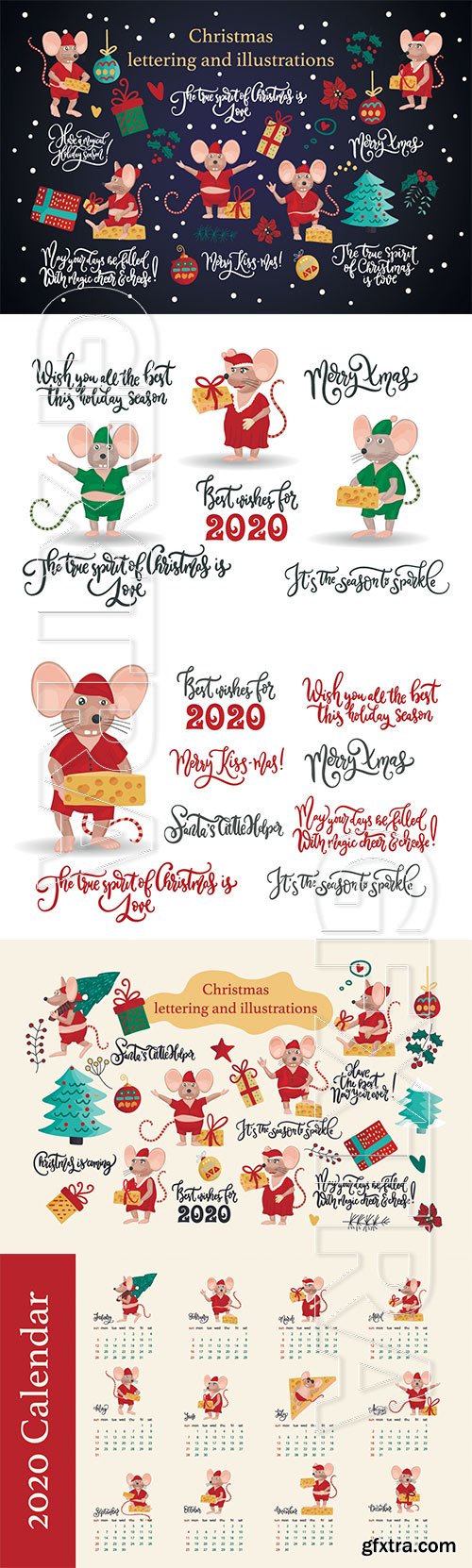 hristmas greeting illustrations with cute mice, decorations and lettering quotes