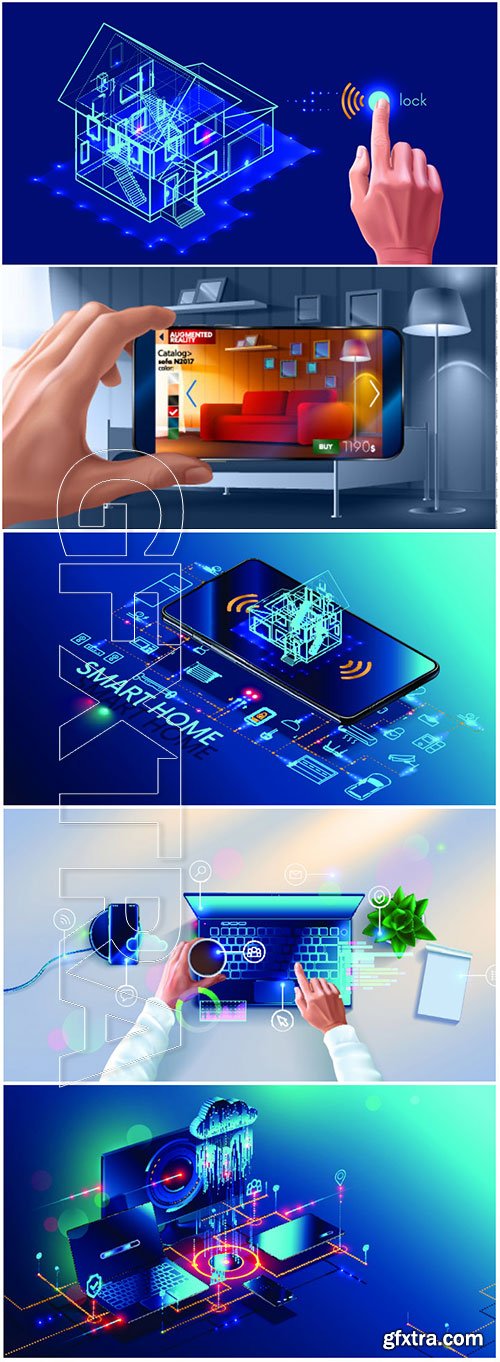 Isometric concept, storage communication with computer, laptop, tablet and smartphone