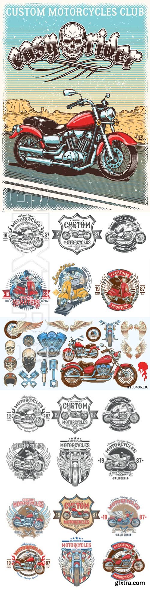 Set vector color illustrations, icons of hand-drawn vintage motorcycle in various angles, skulls, wings