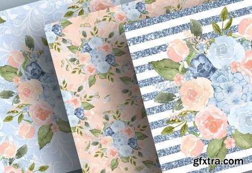 Watercolor Blue Peach design and digital paper pack