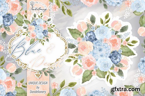 Watercolor Blue Peach design and digital paper pack