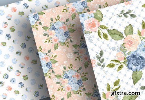 Watercolor Blue Peach design and digital paper pack