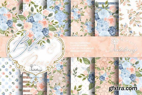 Watercolor Blue Peach design and digital paper pack