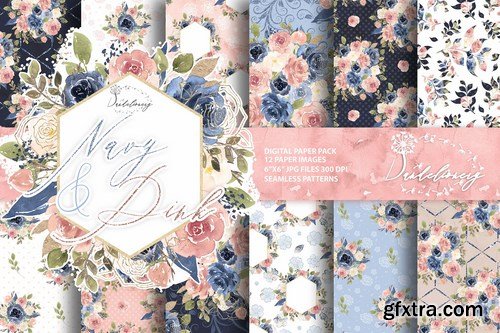 Watercolor Navy and Pink design and digital paper pack