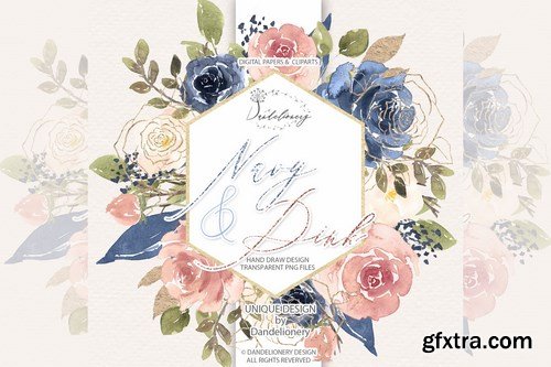 Watercolor Navy and Pink design and digital paper pack