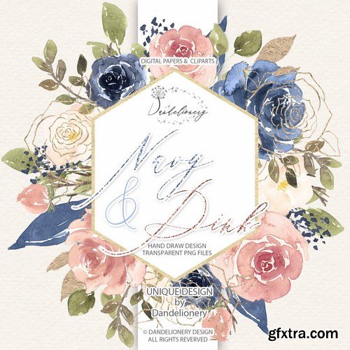 Watercolor Navy and Pink design and digital paper pack