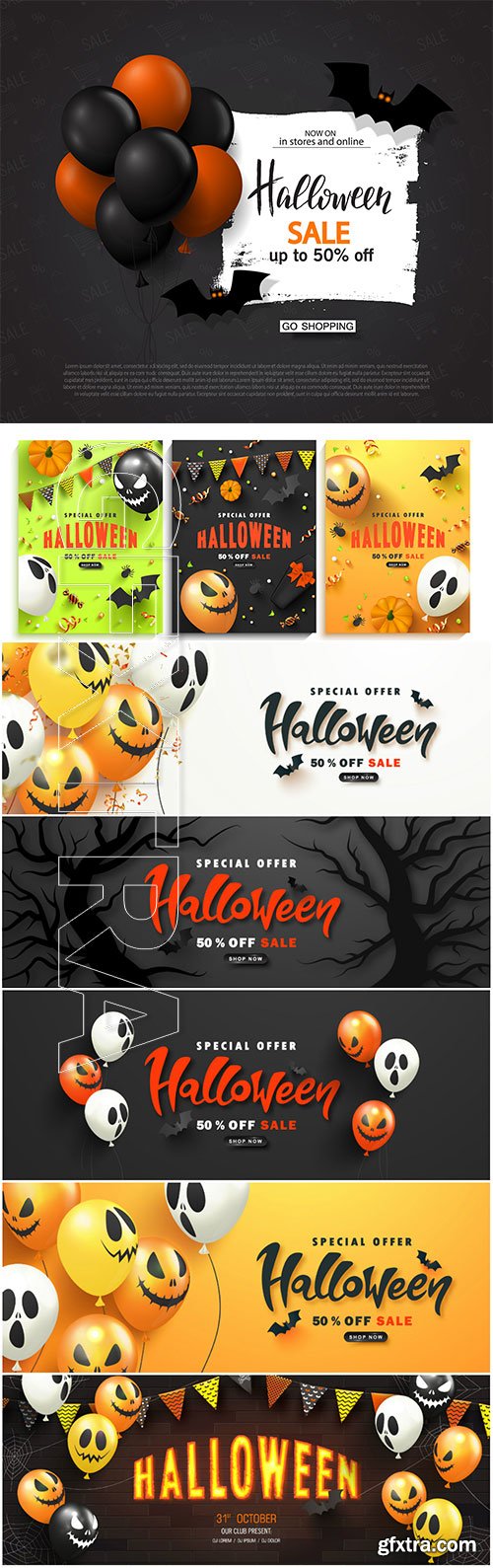 Halloween vector poster with scary balloons and paper bats