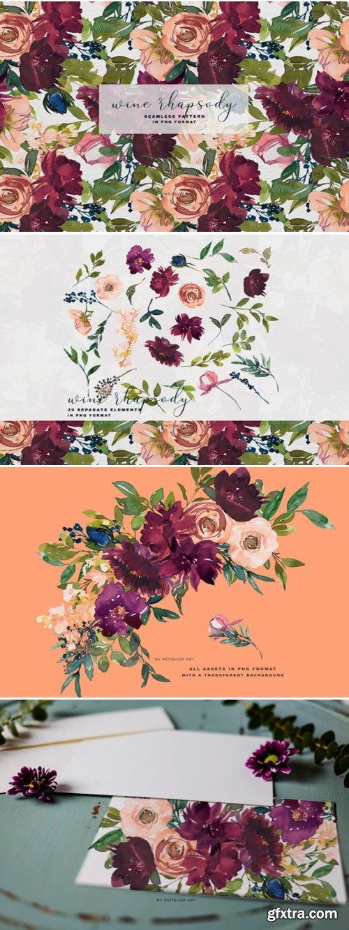 Wine and Blush Floral Clipart Collection 1799424