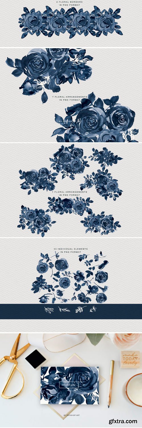 Matte Indigo Watercolor Rose Clipart 1801906