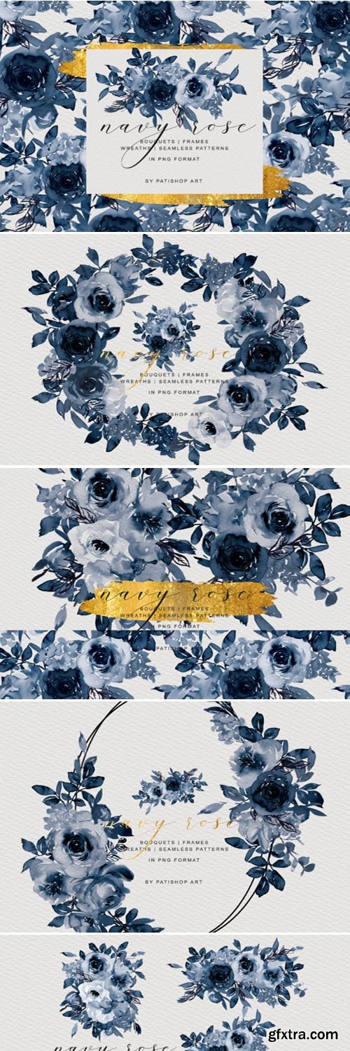 Navy Watercolor Rose Clipart Collection 1801904