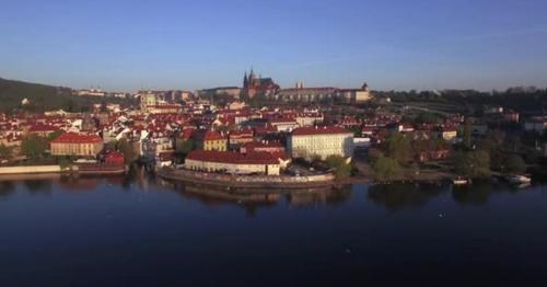 Aerial Shot of Prague on Vltava River Bank, Czech Republic - Q529B73
