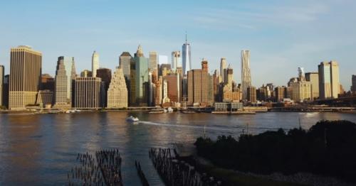 Drone Flying From the Brooklyn, View on Manhattan in New York, America - NXAQF9K