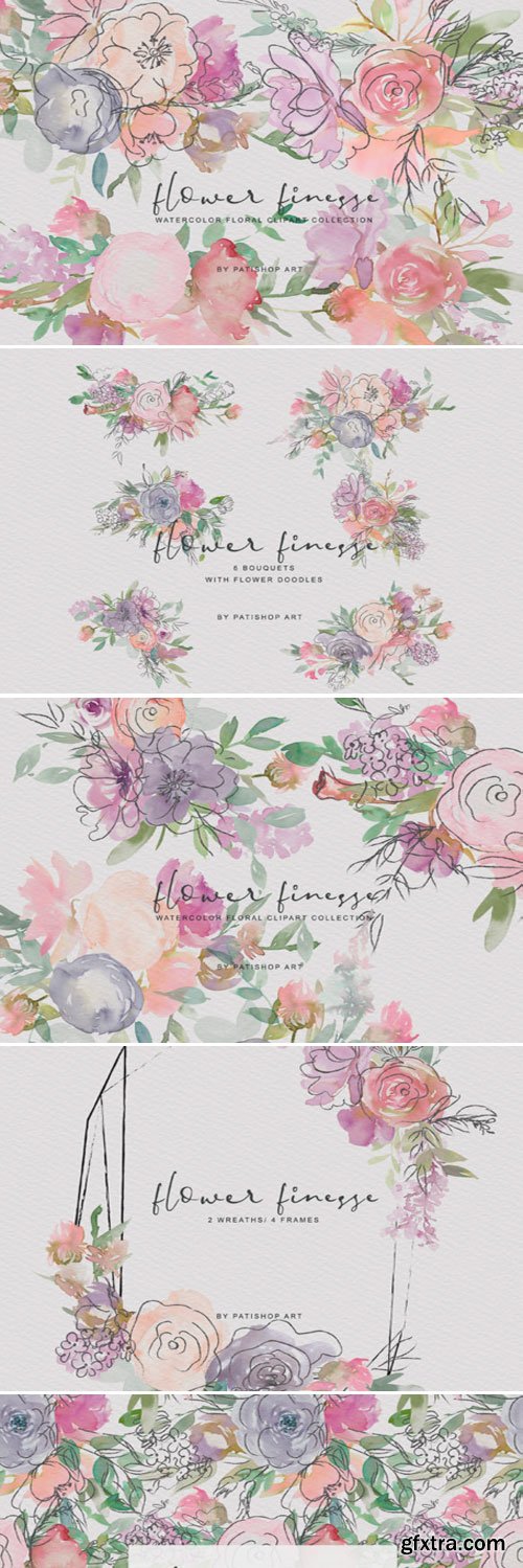 Watercolor Flower Doodles Clipart Set 1835618