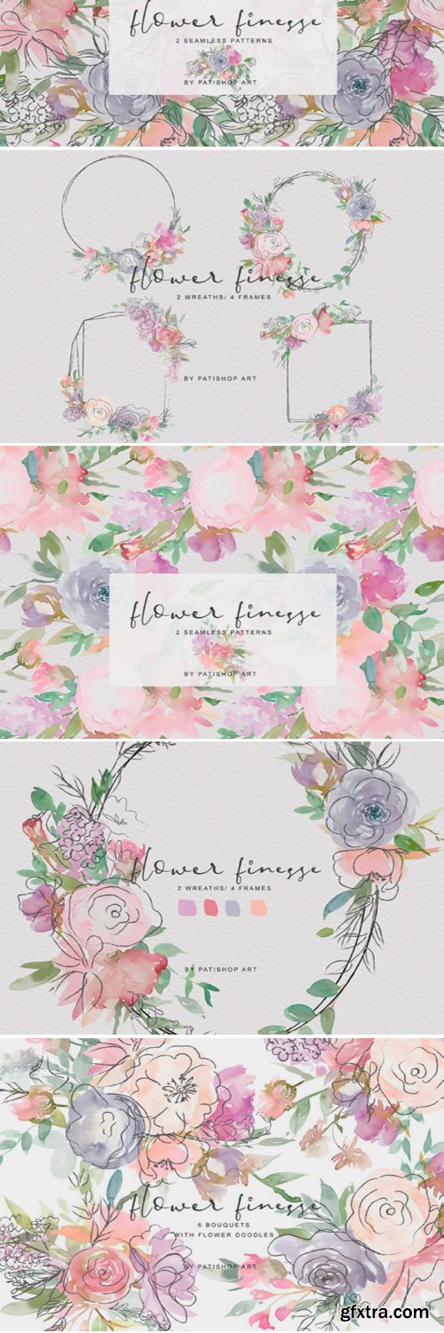 Watercolor Flower Doodles Clipart Set 1835618