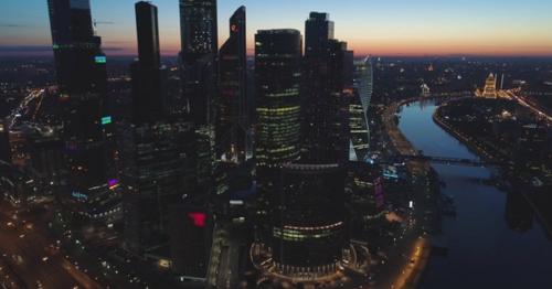 Aerial View of Moscow City International Business Center and City Skyline at Sunny Sunrise - RGJZ7Y2