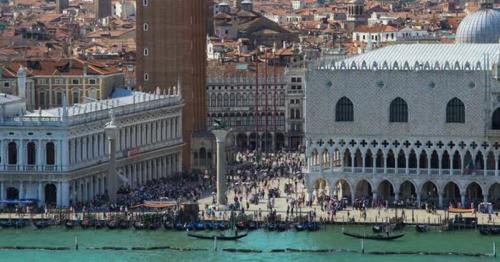 People Relaxing on Saint Mark's Square in Venice, Aerial View, Summer Cityscape - TH4B7FW