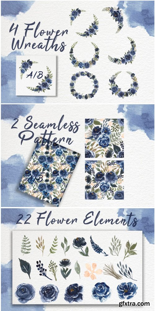 Navy Blue Flower Watercolor Clip-art 1838708