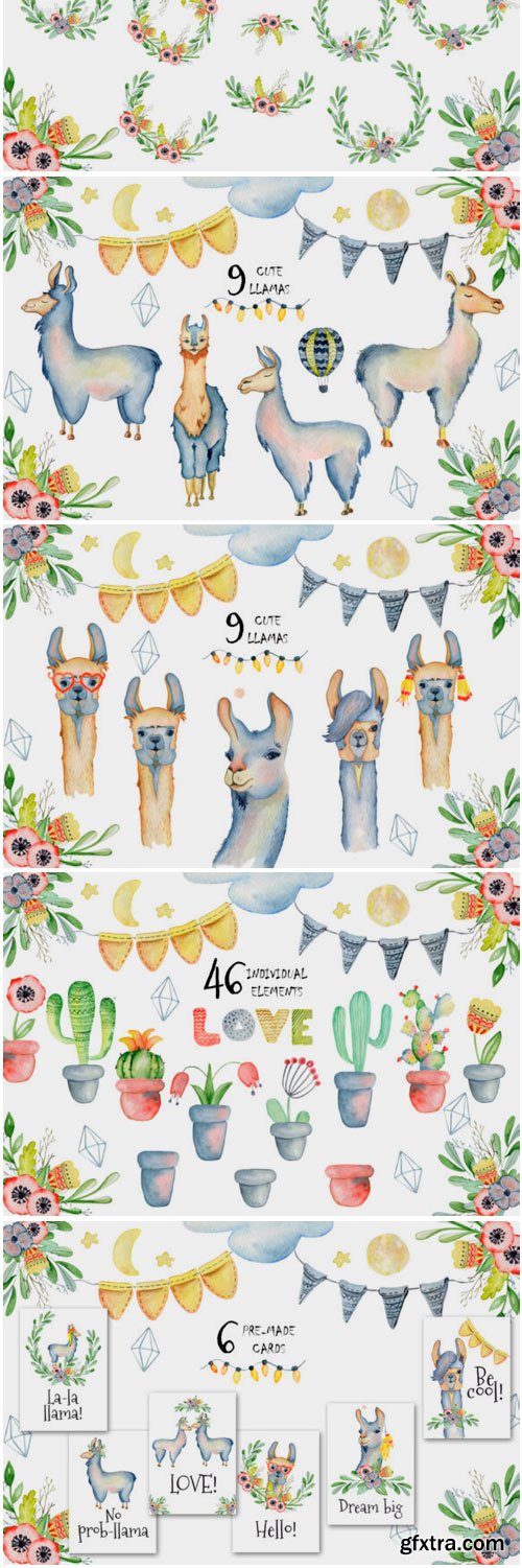 Cute Llamas. Watercolor Animals Clipart 1796142