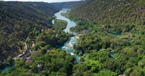 Drone Aerial Video Footage Flying Over Krka National Park Waterfalls, Croatia - 2TP9JEU